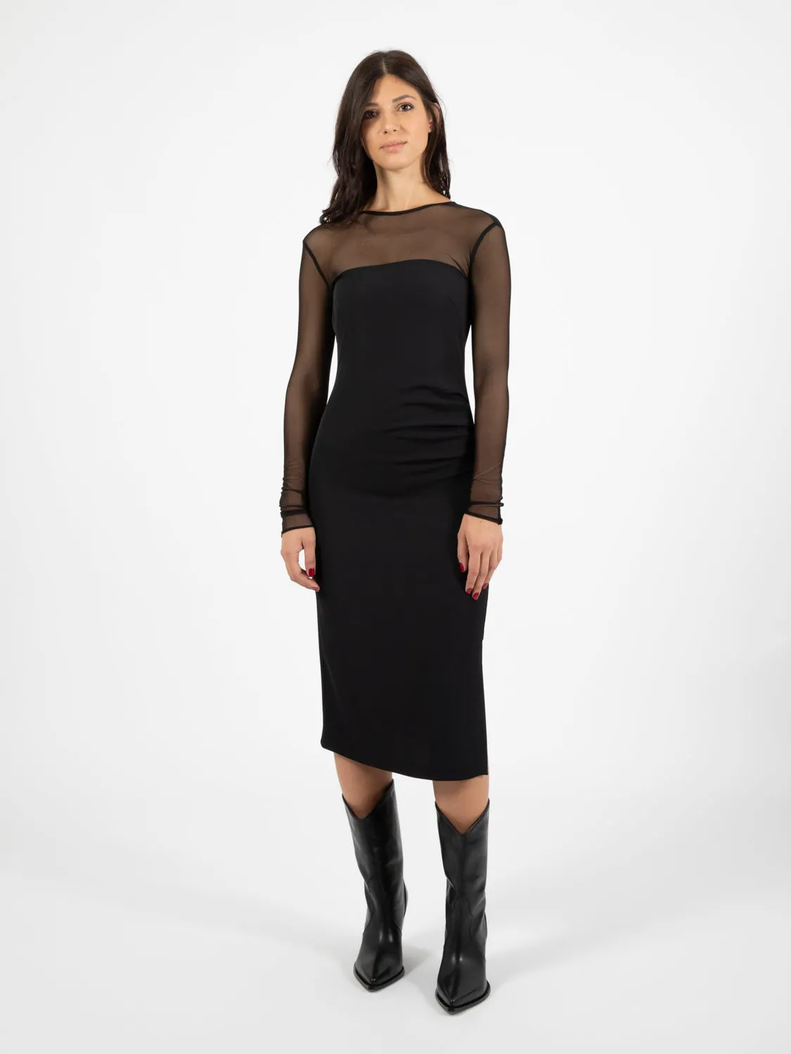 Abito midi con inserti in tullle nero