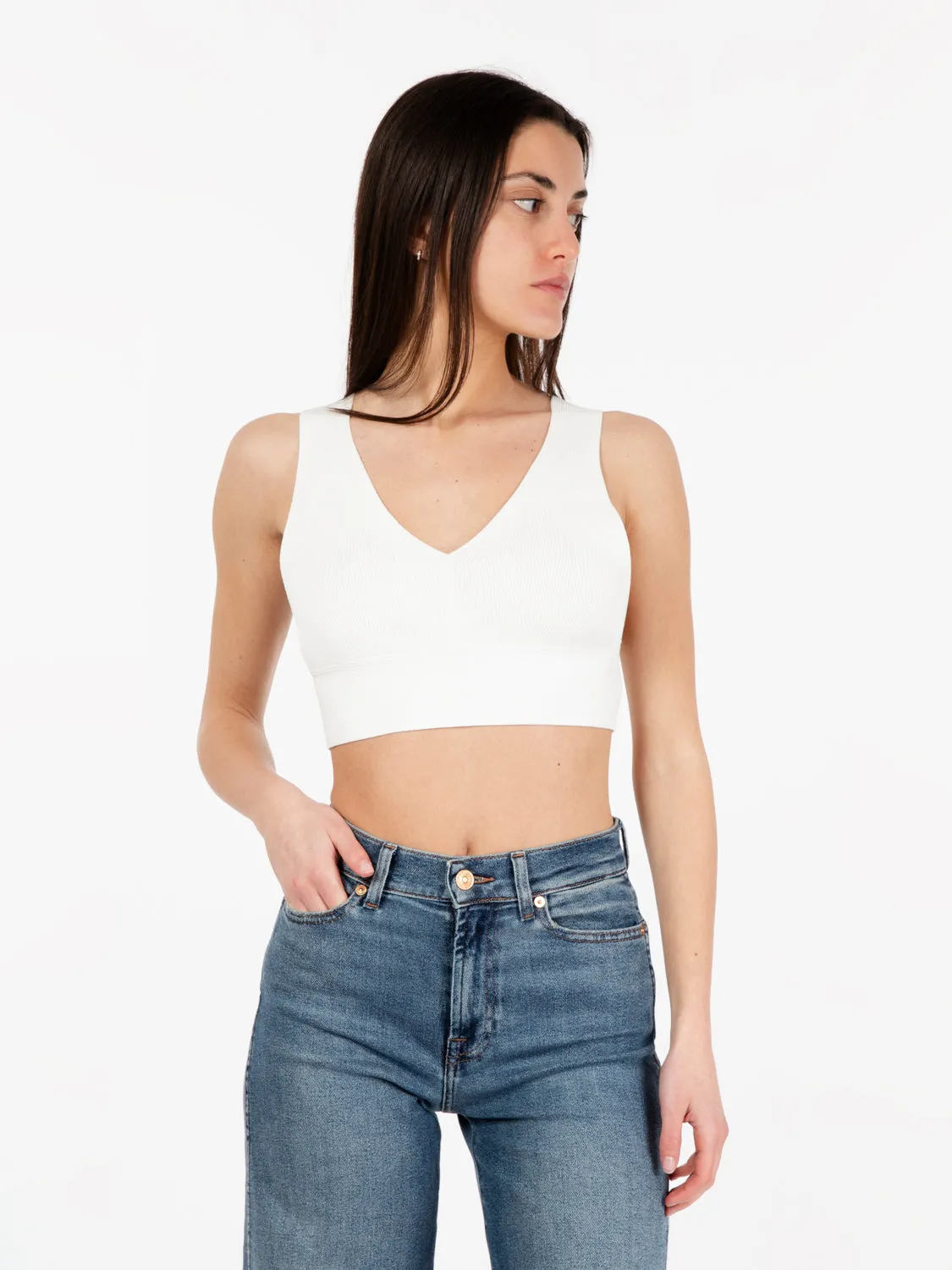 Crop top a costine panna