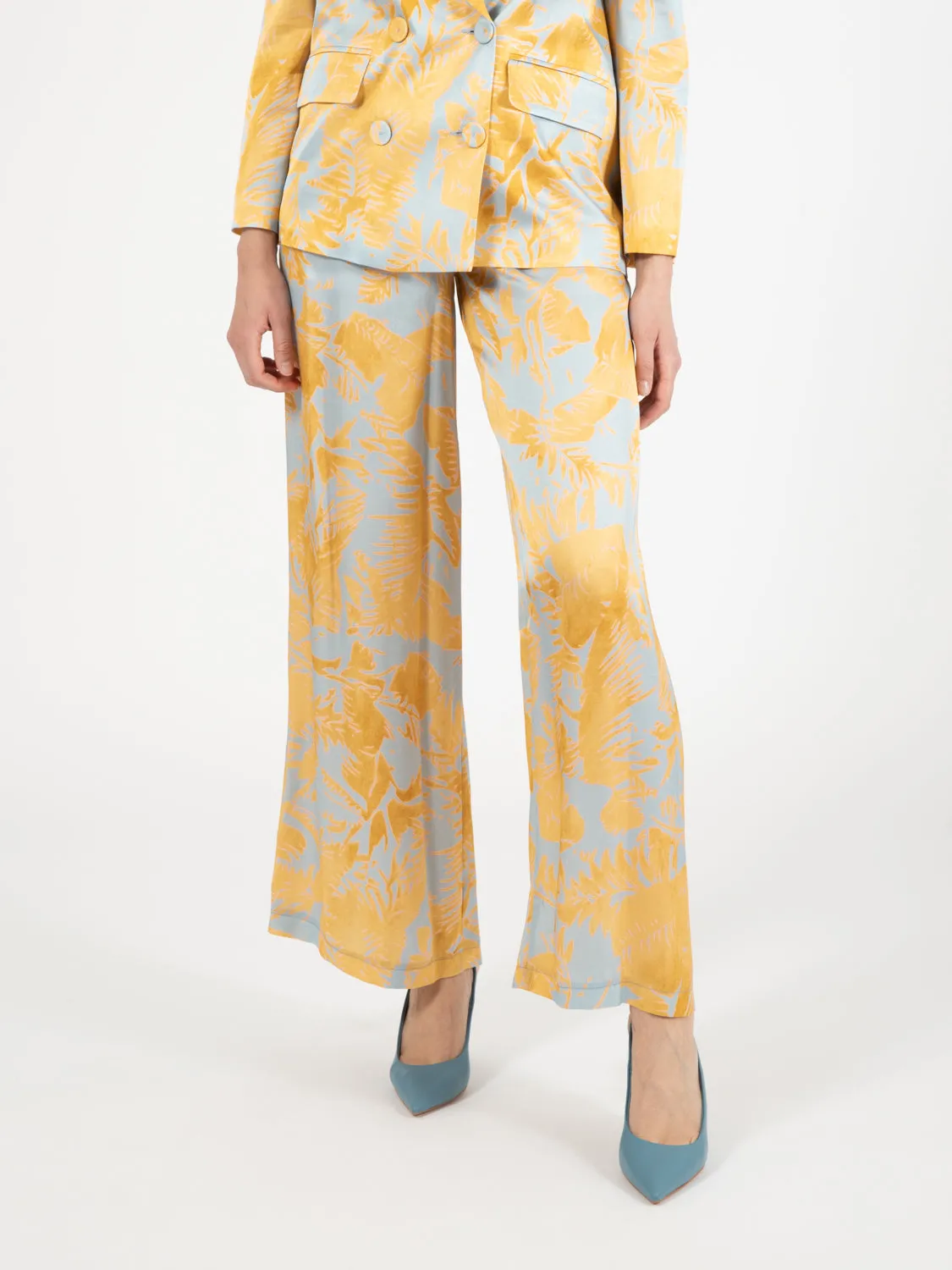 Pantaloni stampa foliage giallo / azzurro