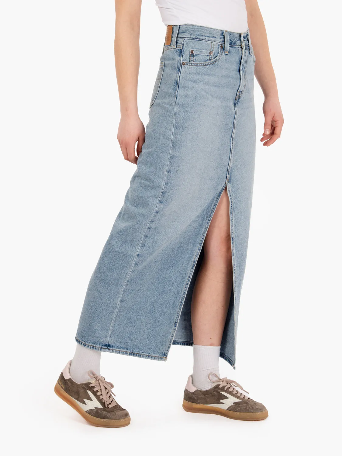 Gonna lunga con spacco "Please Hold" azzurro