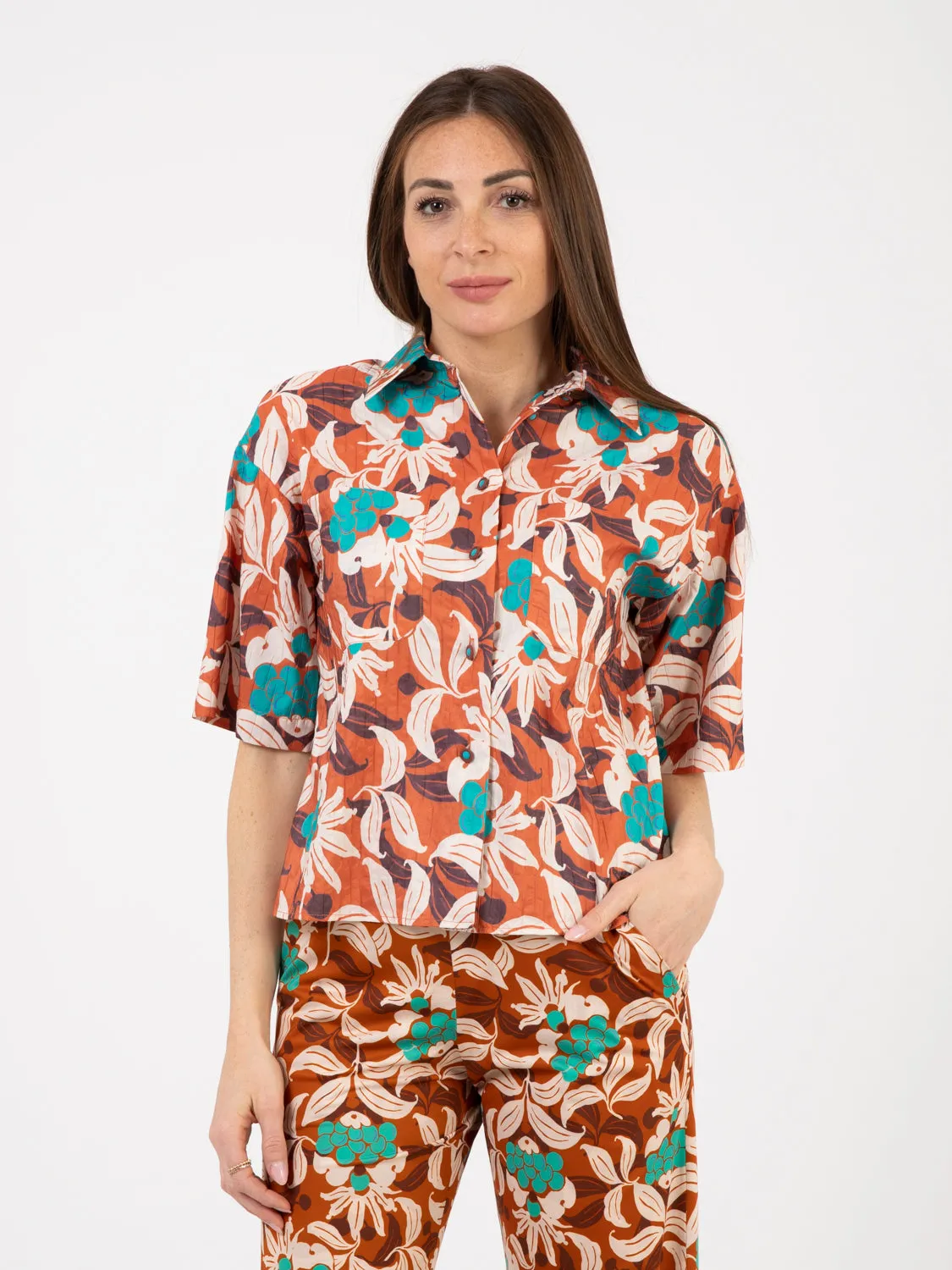 Camicia ribes taffetà cuoio / smeraldo