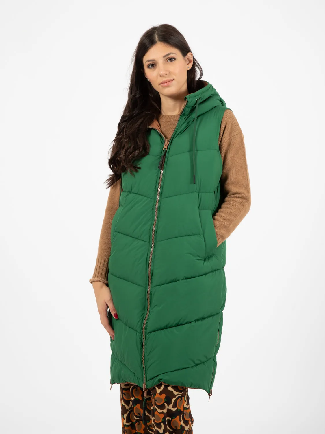 Gilet lungo double face verde / marrone