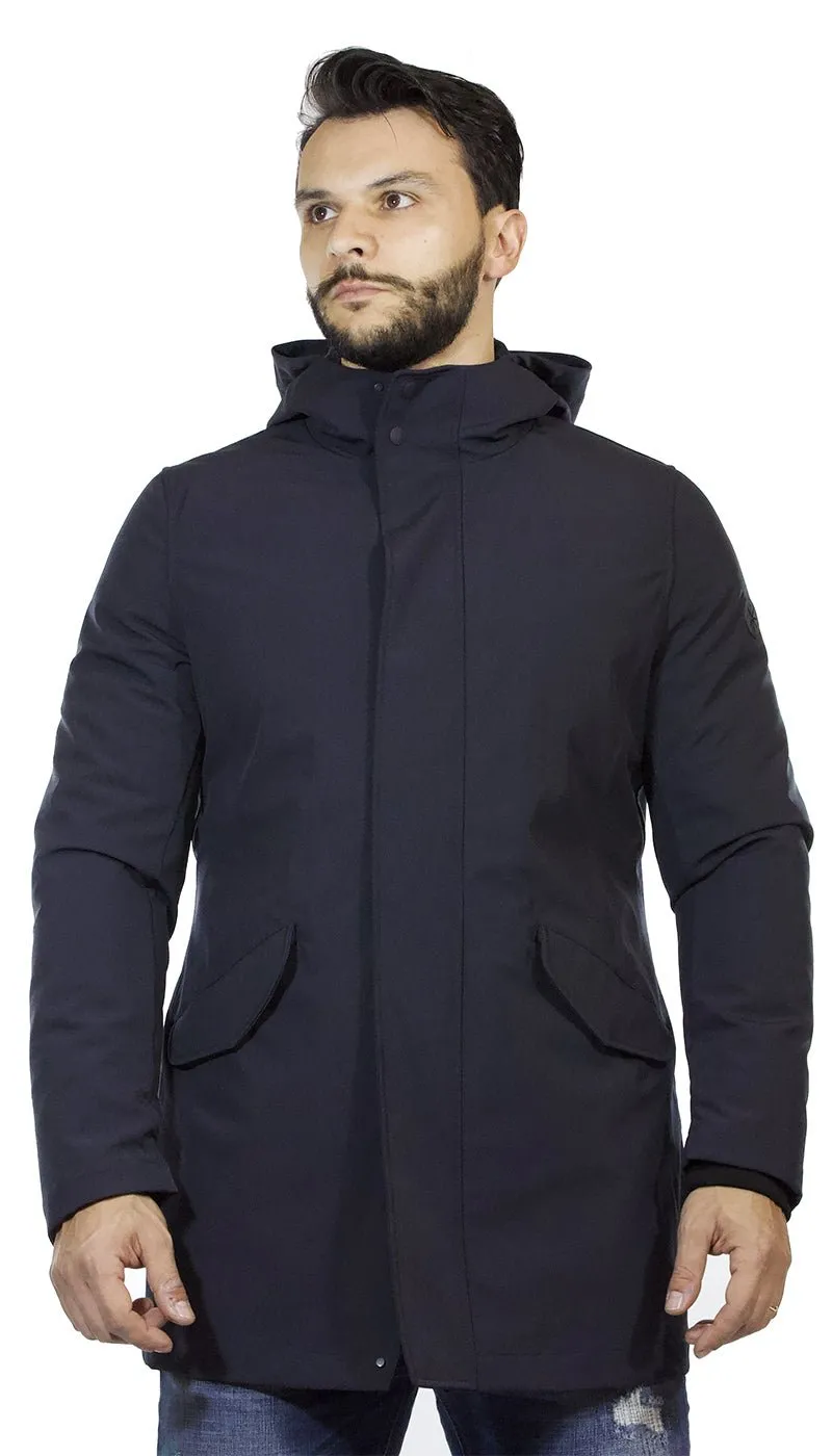 Manuel Ritz  Giaccone lungo uomo con cappuccio in tessuto tecnico stretch blu