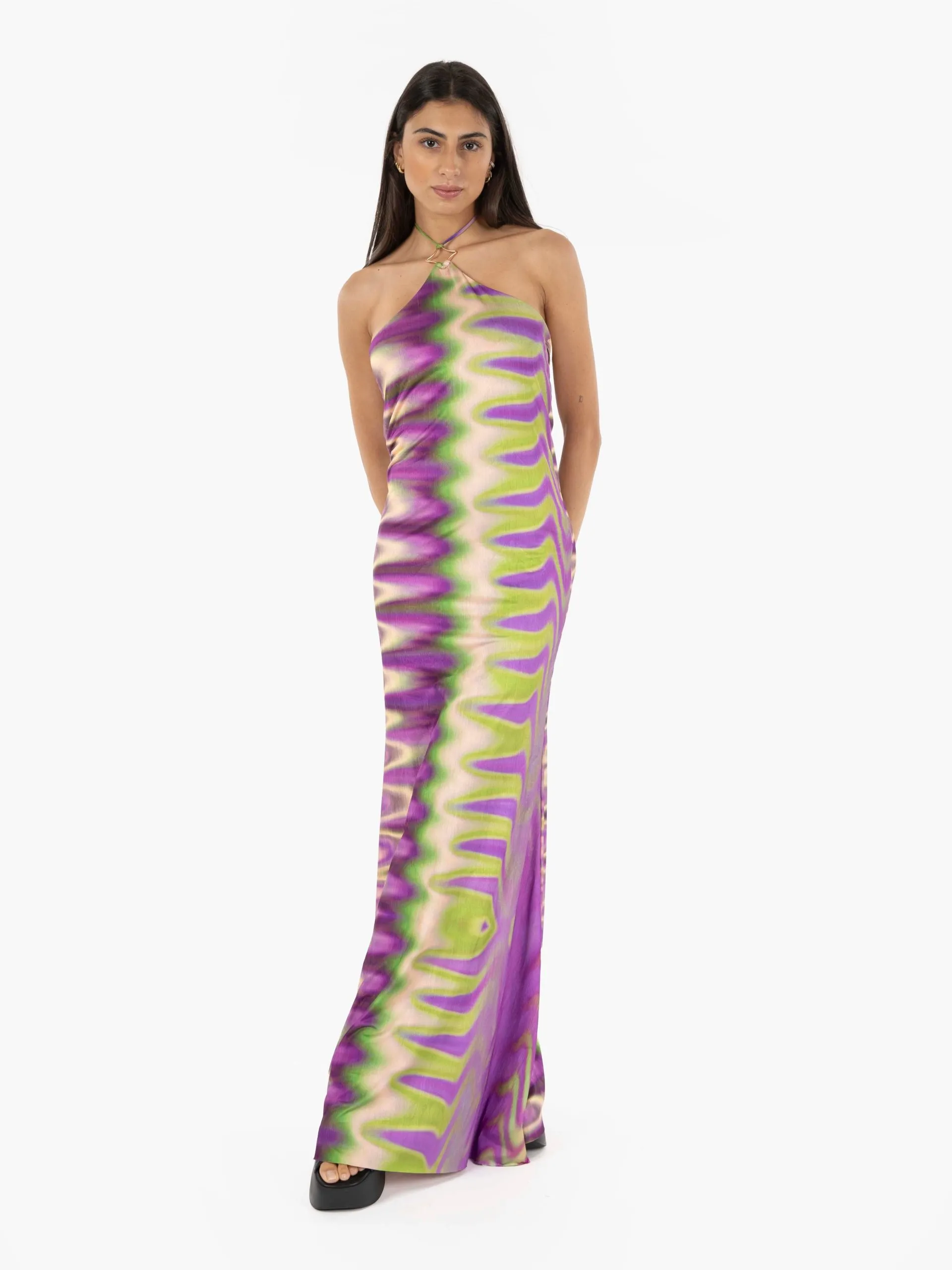 Vestito lungo a fantasia verde / viola / multicolor