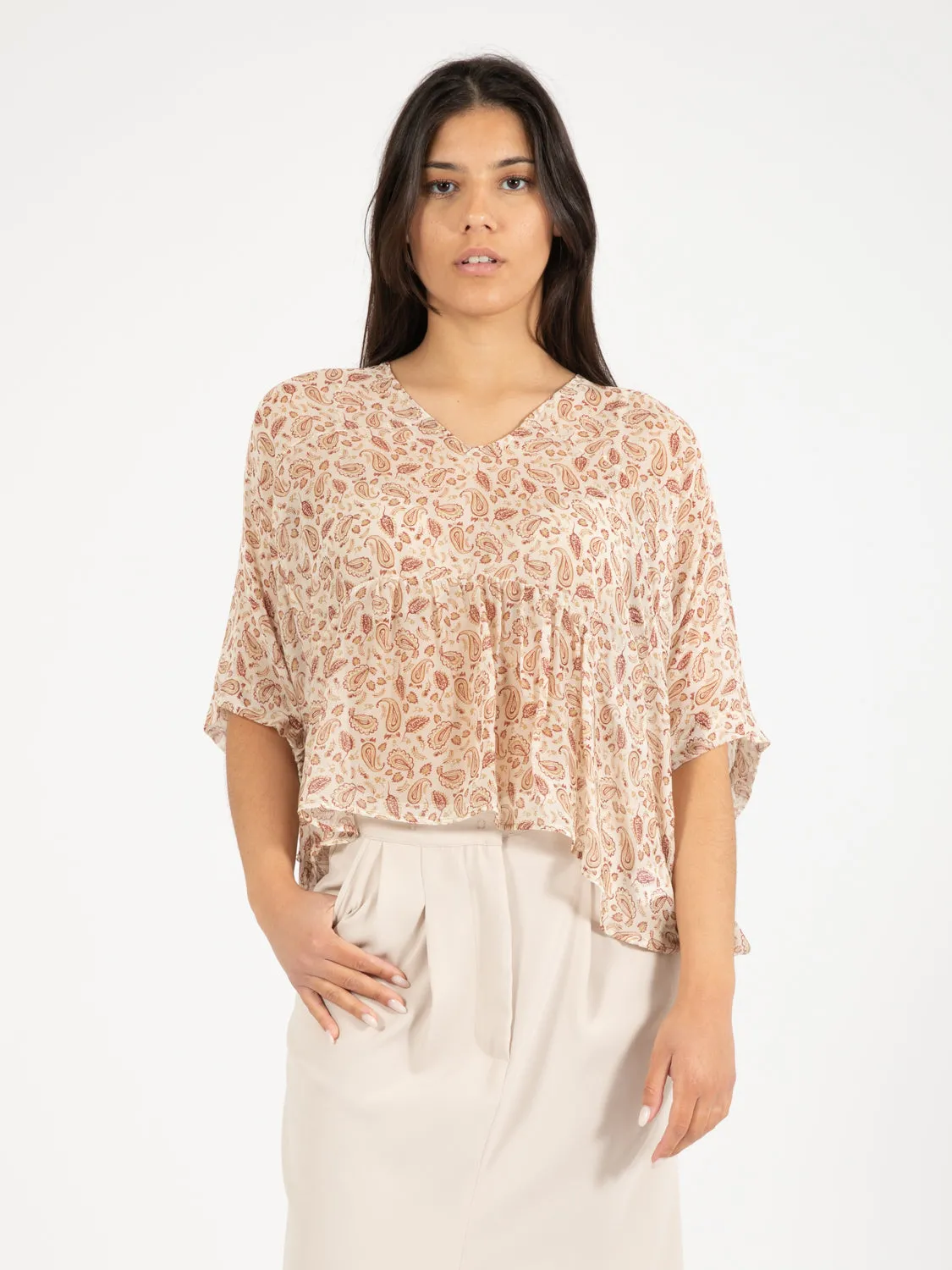 Camicia corta ampia fantasia marrone