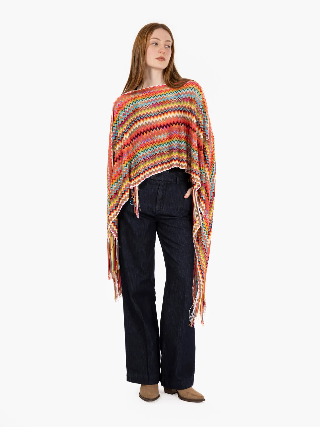 Poncho lungo design a zig-zag arancio / multicolor