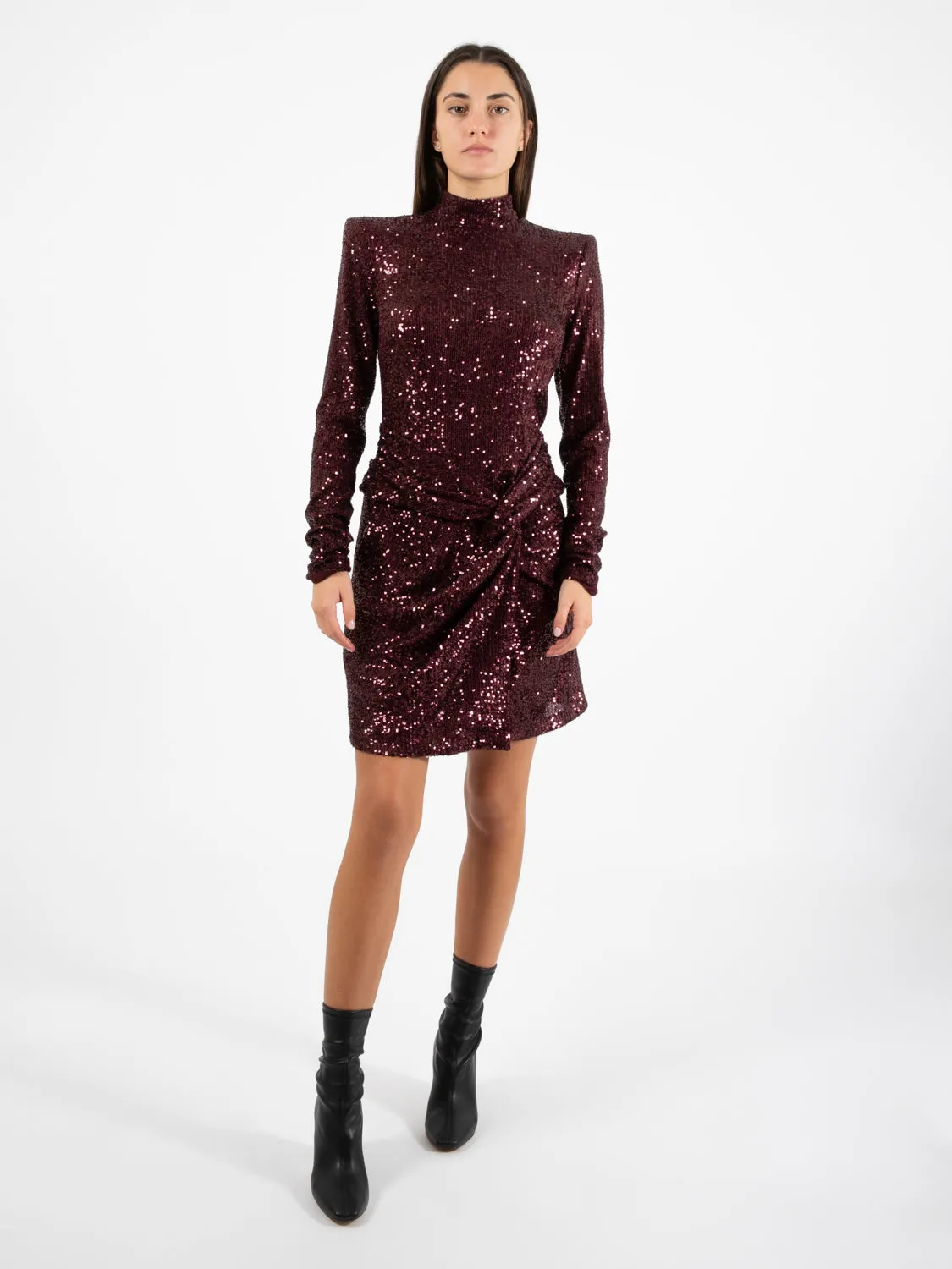 Abito corto con nodo e paillettes marron glacè