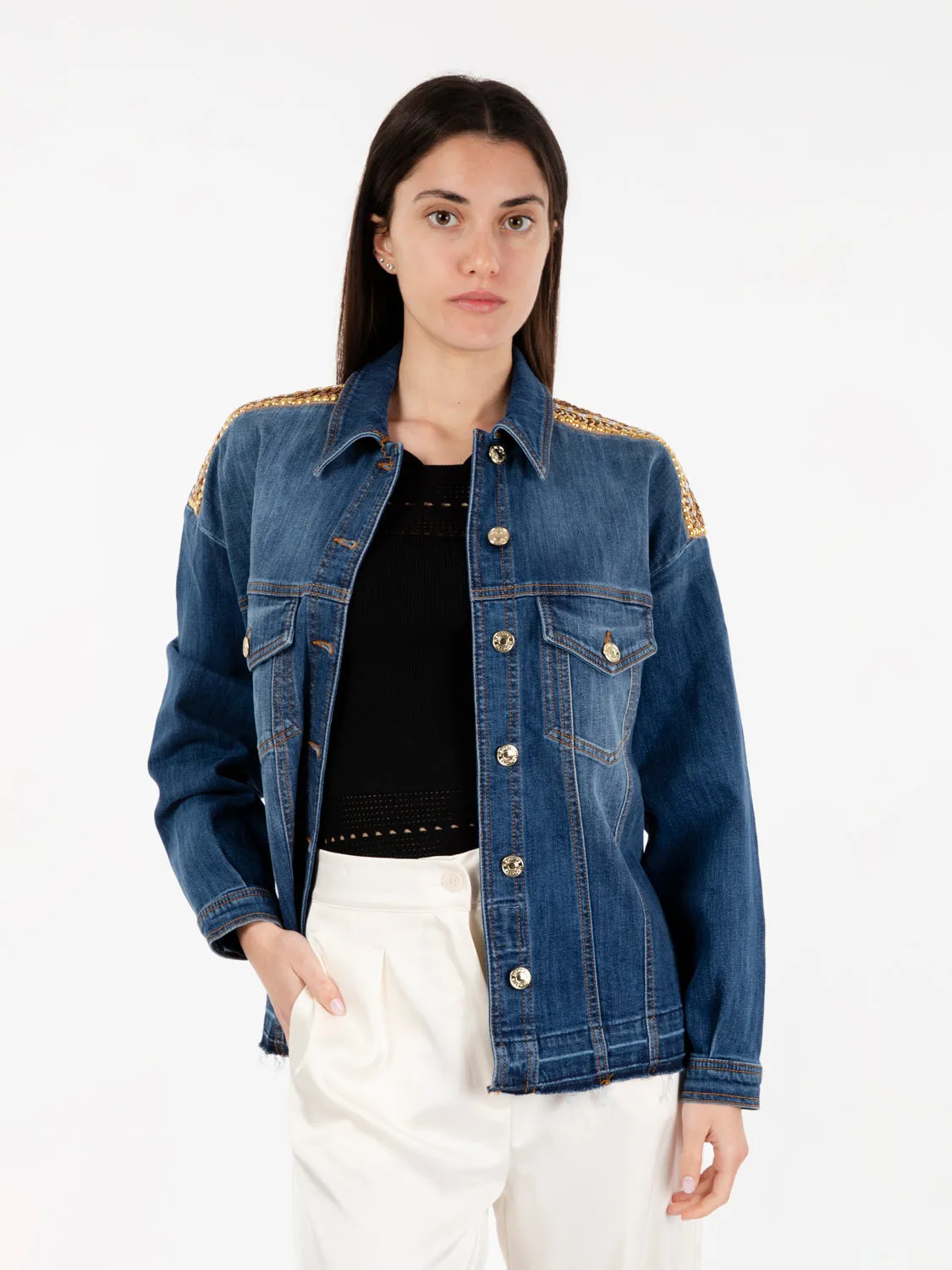 Giacca in denim con ricamo blu medio / oro