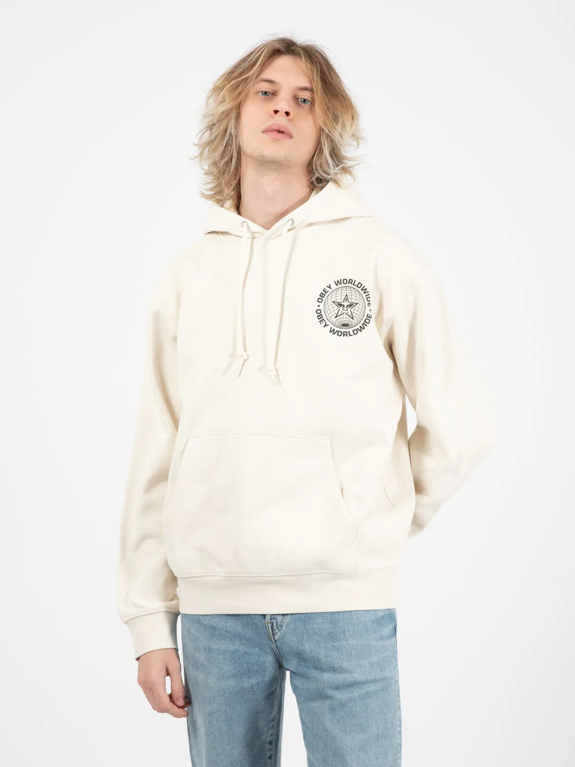Worlwide globe premium hooded fleece unbleached