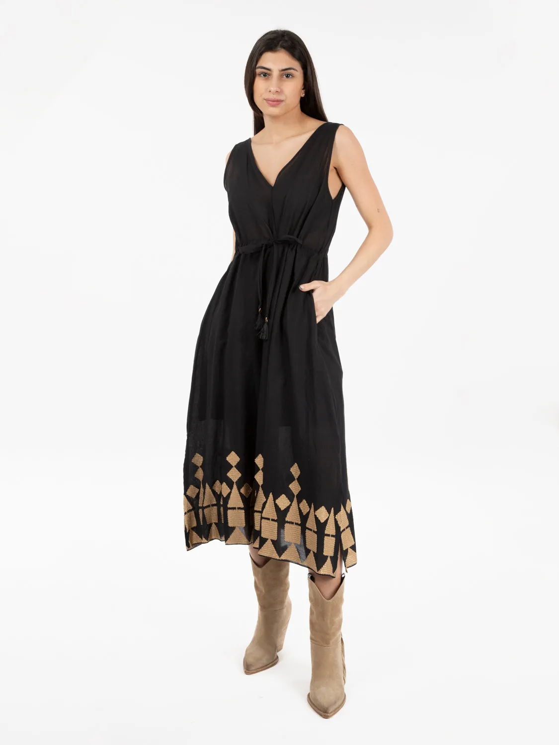 Abito midi in cotone nero / cammello