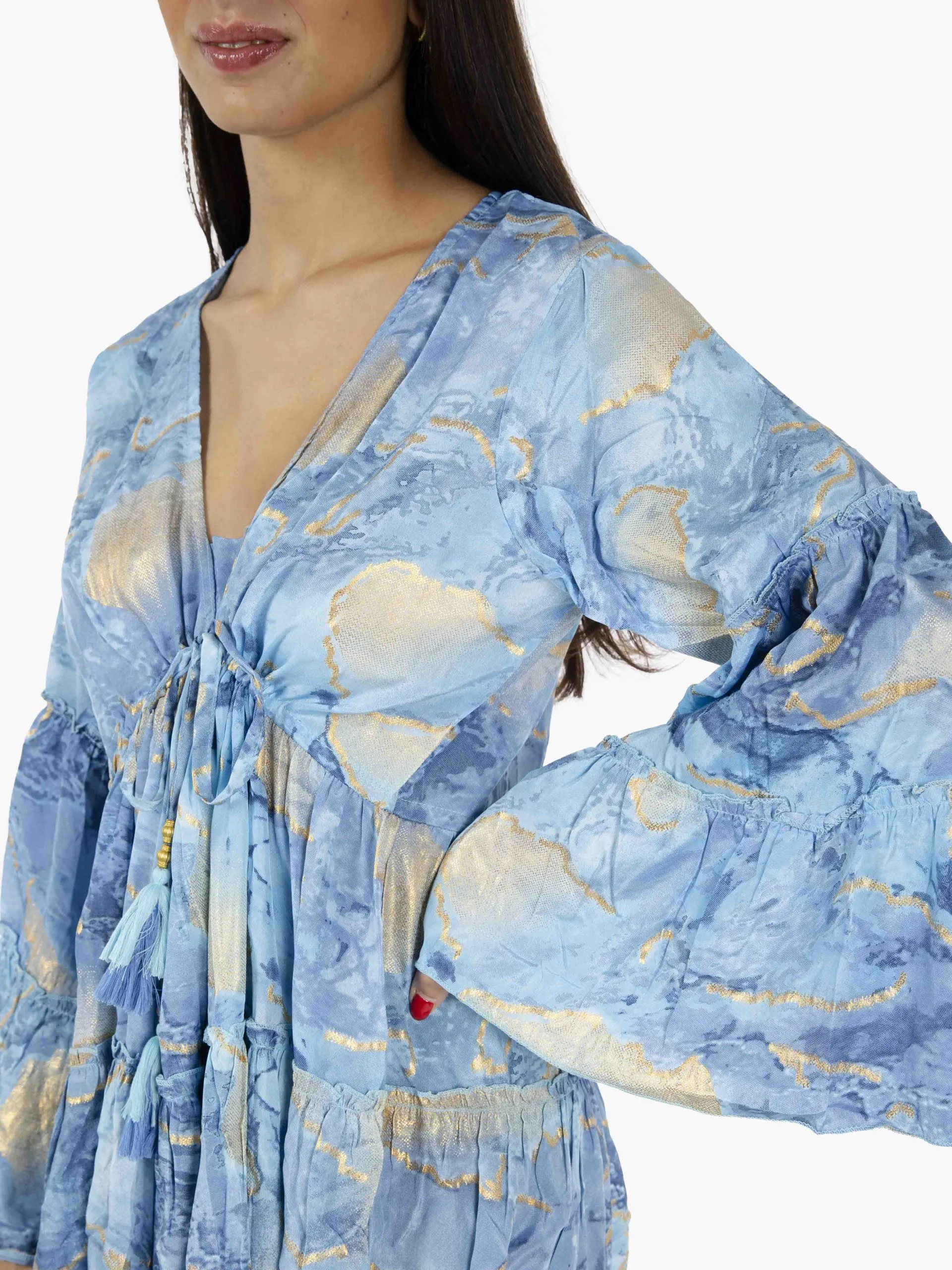 Abito corto a balze manica lunga azzurro