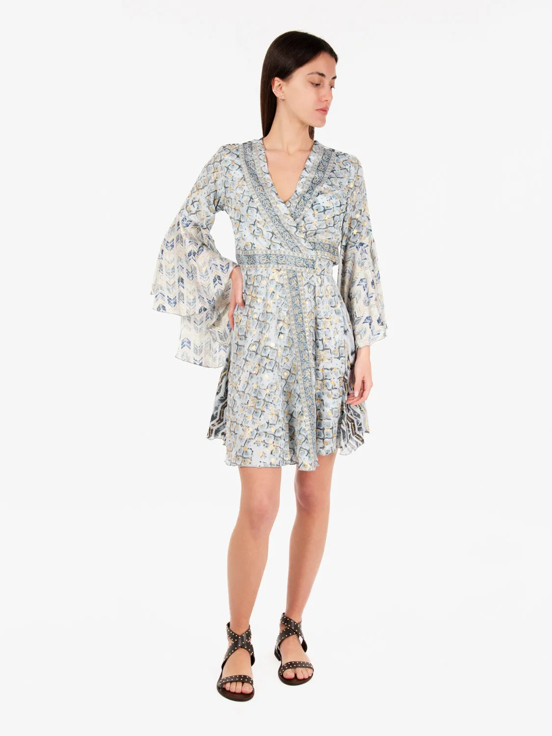 Abito corto a portafoglio stampa azzurro