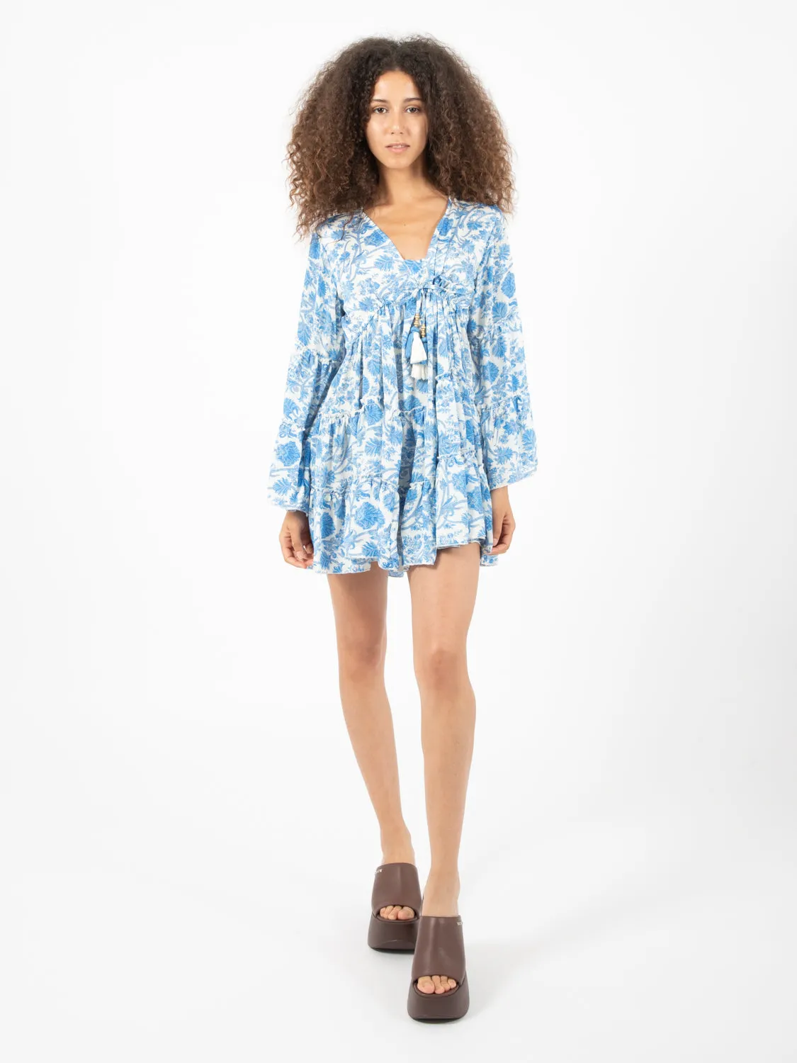 Abito corto seta stampa floreale blu / bianco