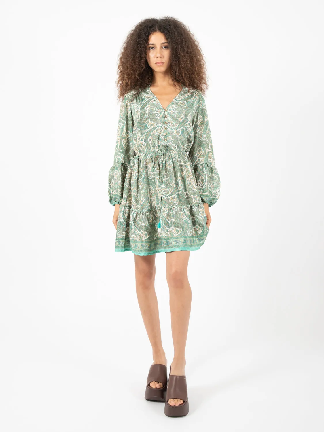 Abito corto seta stampa paisley verde