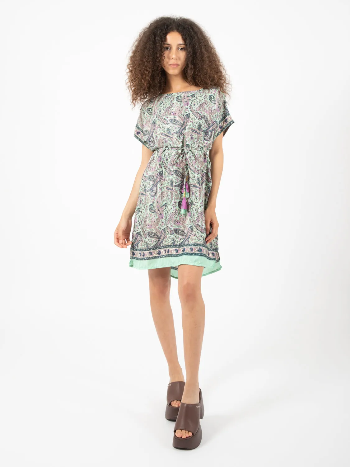 Abito corto stampa paisley verde / multicolor