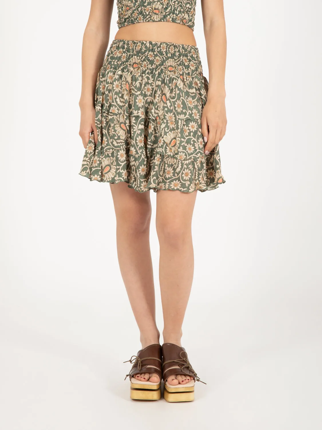 Gonna corta seta stampa floreale verde / oro