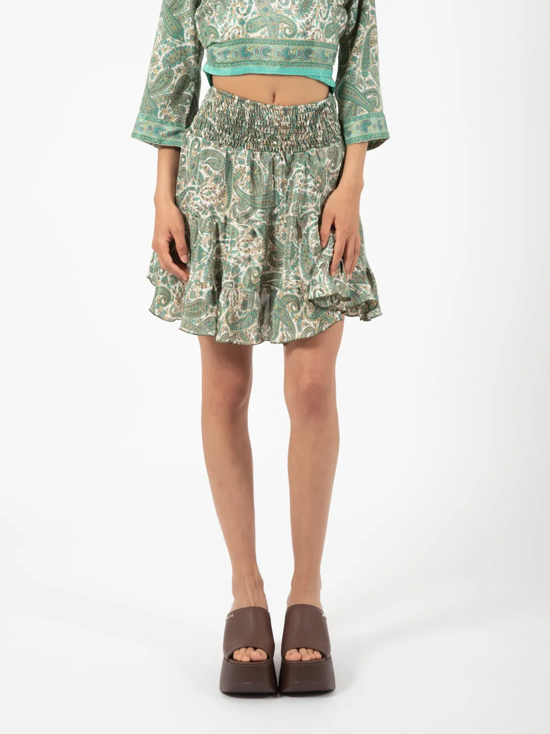 Gonna corta seta stampa paisley verde / multicolor