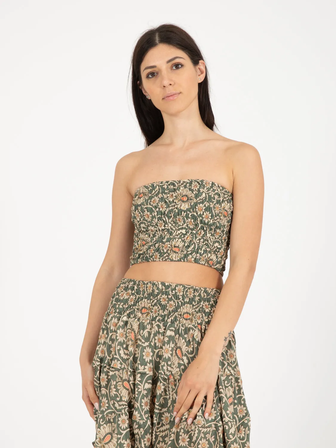 Top elastico seta stampa floreale verde / oro