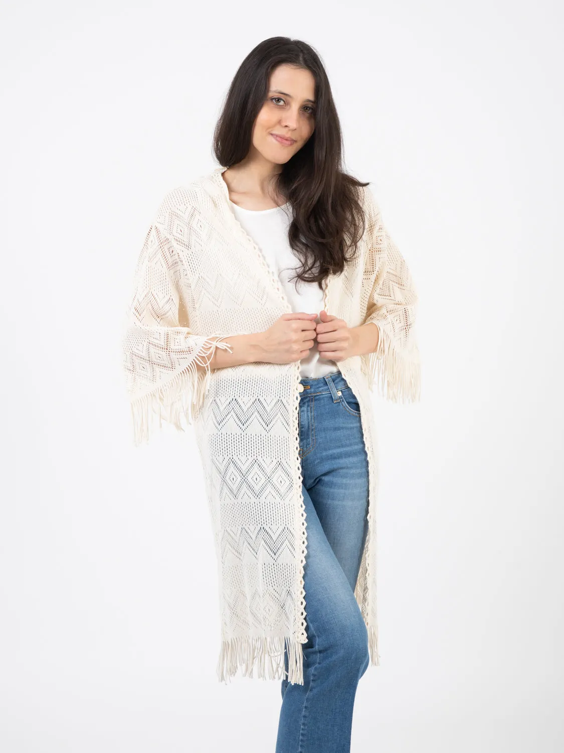 Cardigan traforato con frange ecru