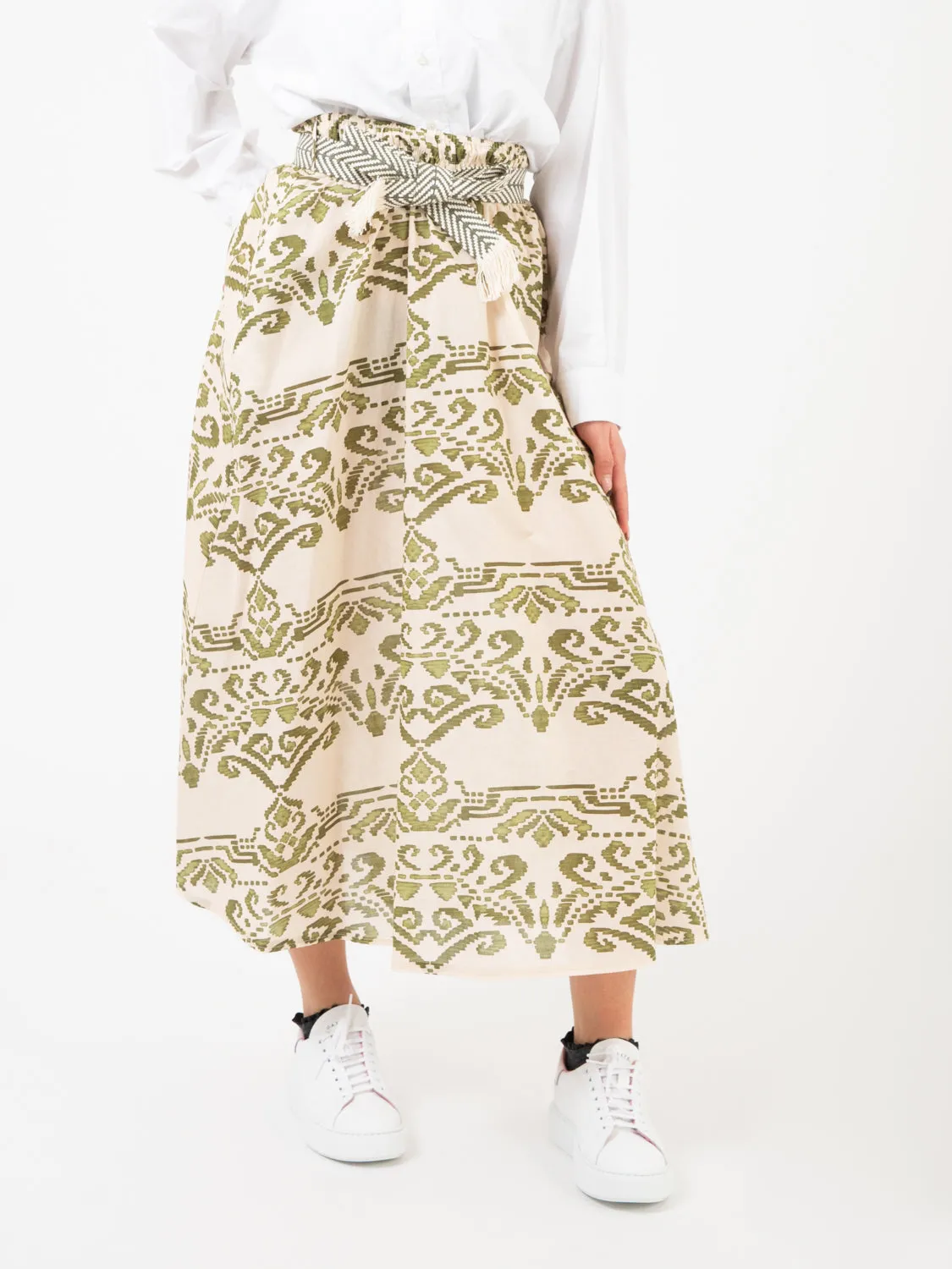 Gonna midi con cintura fantasia salvia