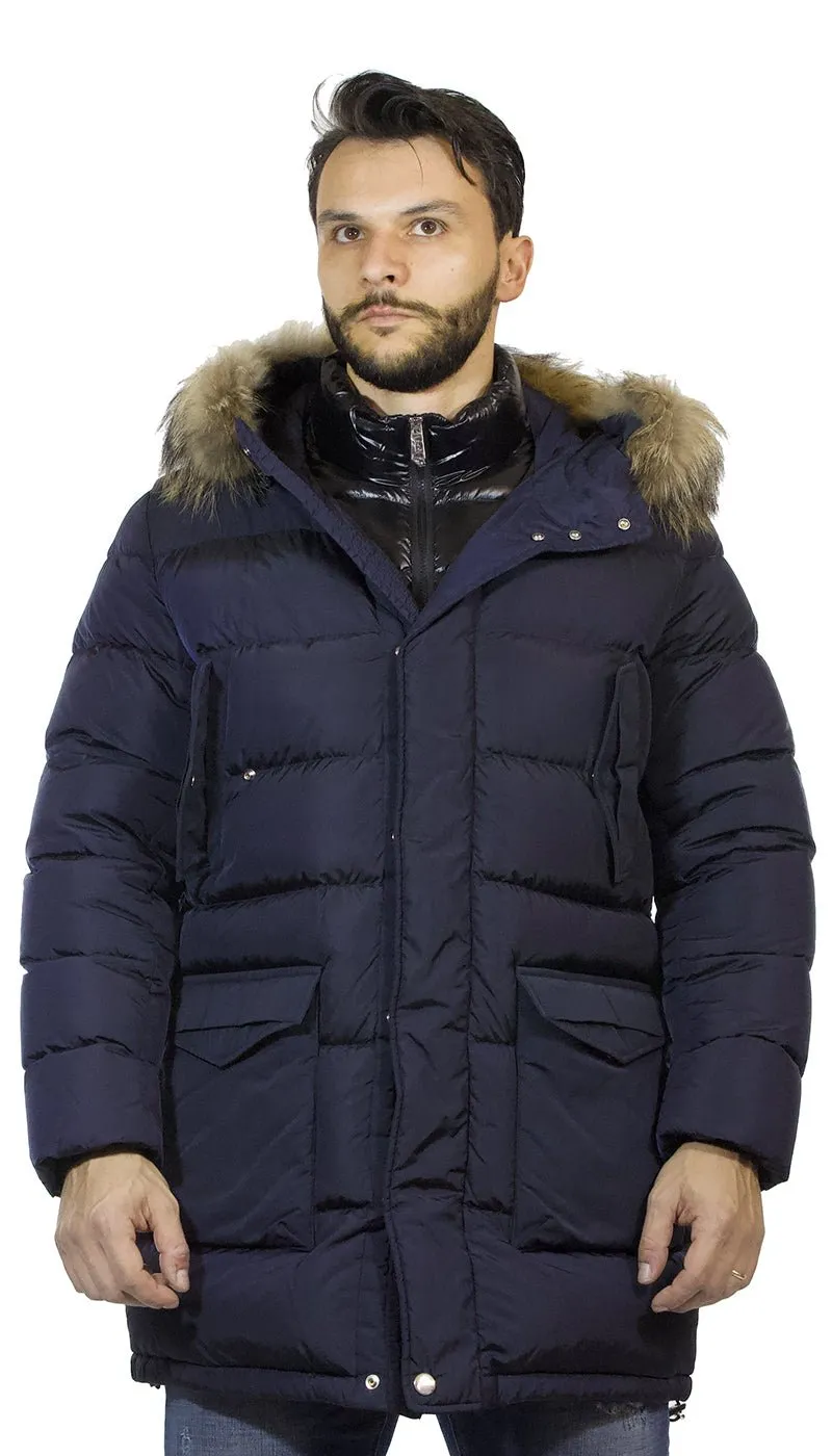 Piumino lungo uomo Add blu con pettorina e cappuccio di pelliccia staccabile