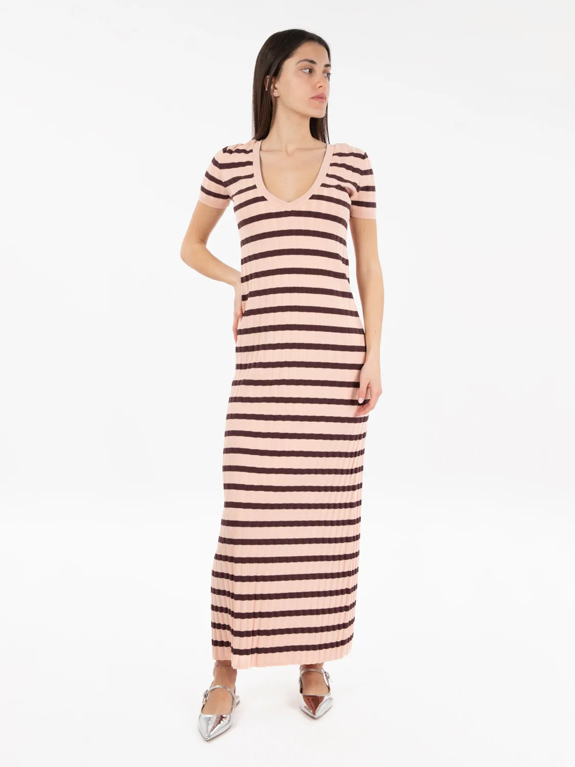 Abito lungo a coste rosa / marrone