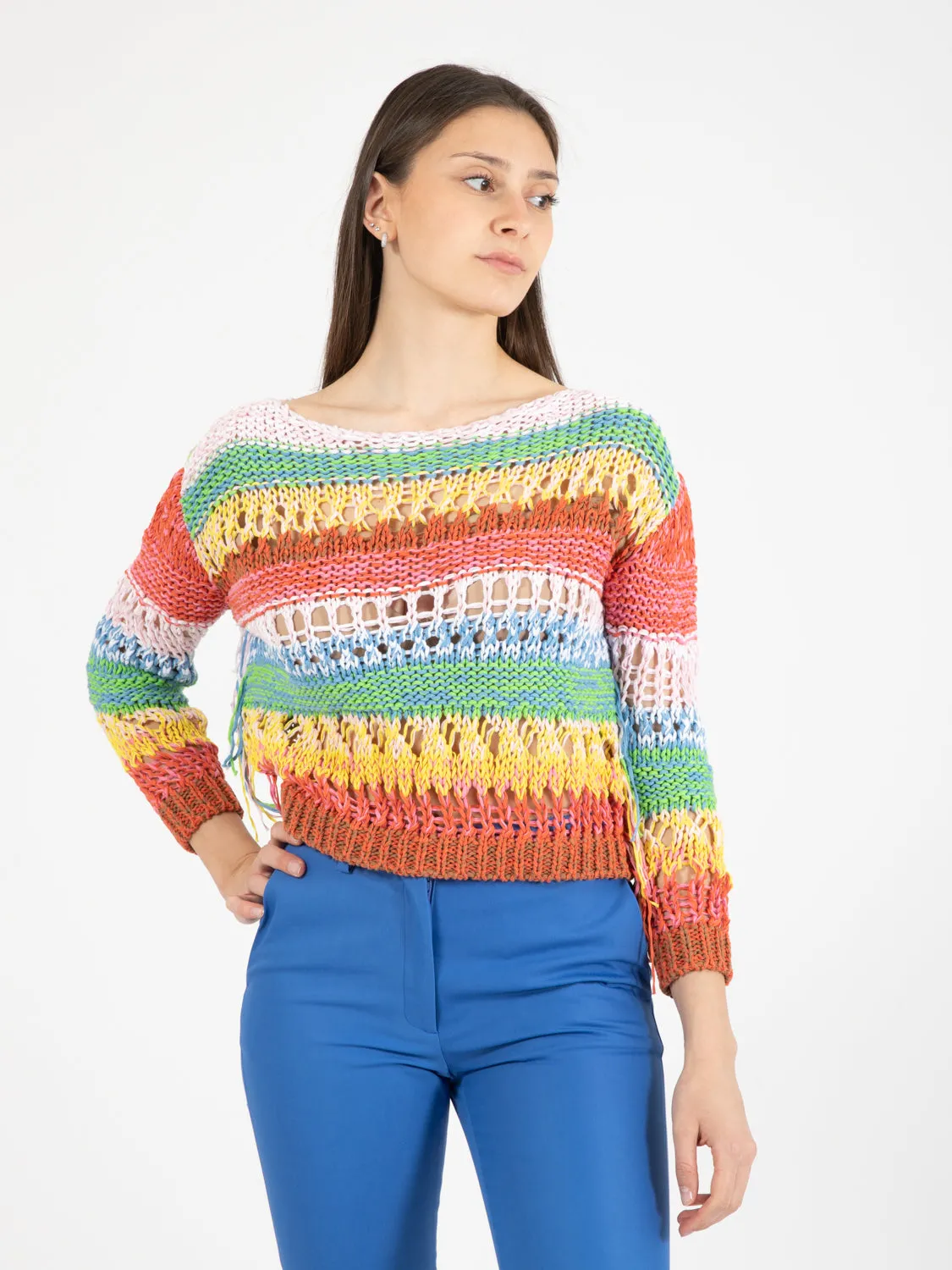 Maglia con frange colorful cognac