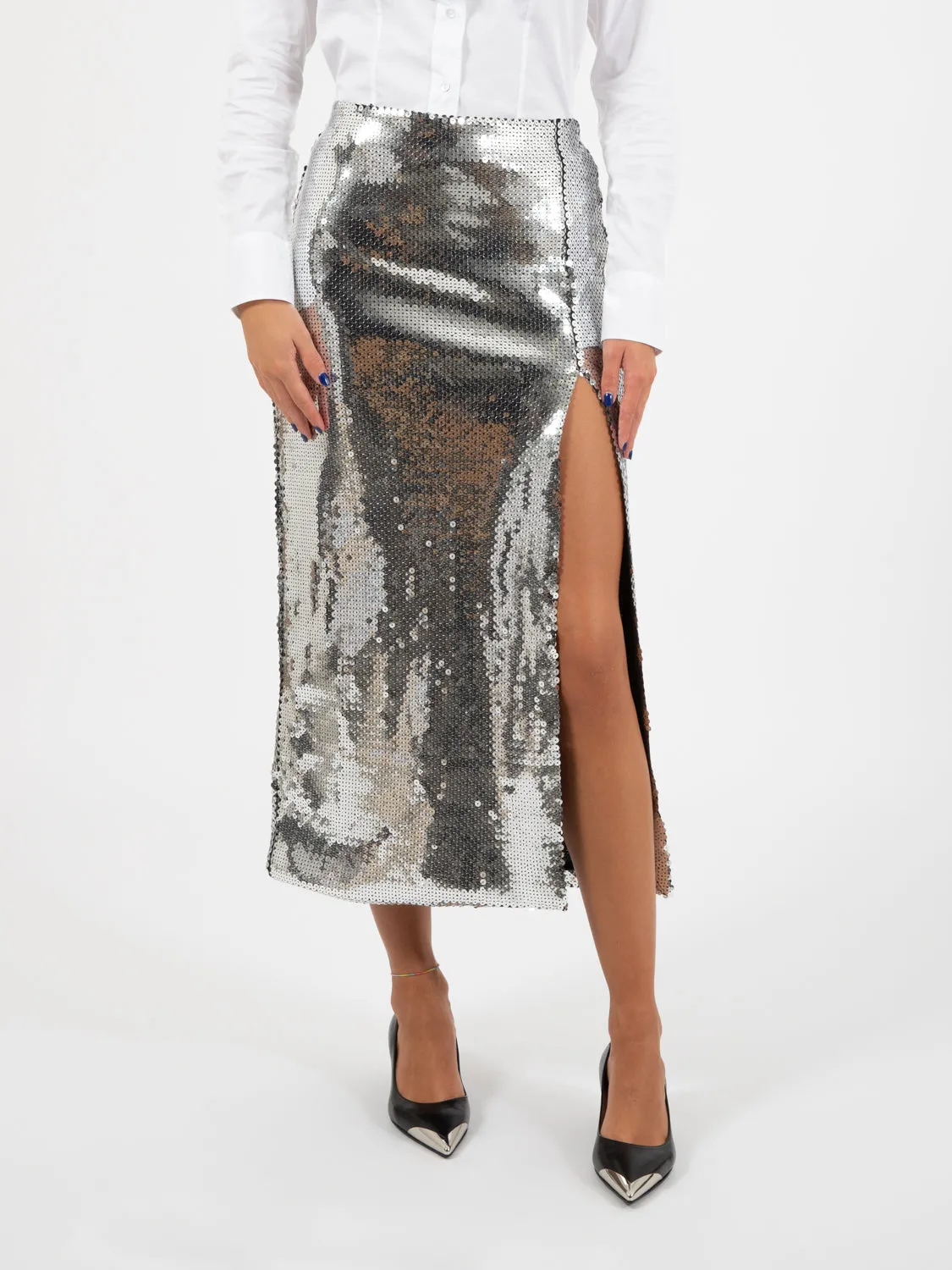 Gonna midi Noelle paillettes argento