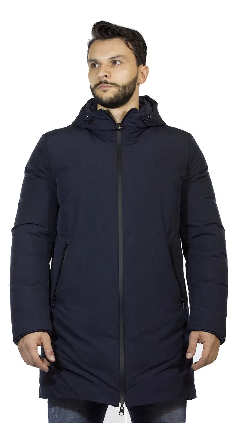 Seventy Giaccone uomo  lungo blu con cappiuccio in tessuto tecnico reversibile in piuma