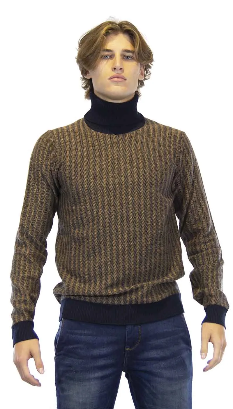 Seventy Maglia Dolcevita uomo in lana marrone a righe blu.