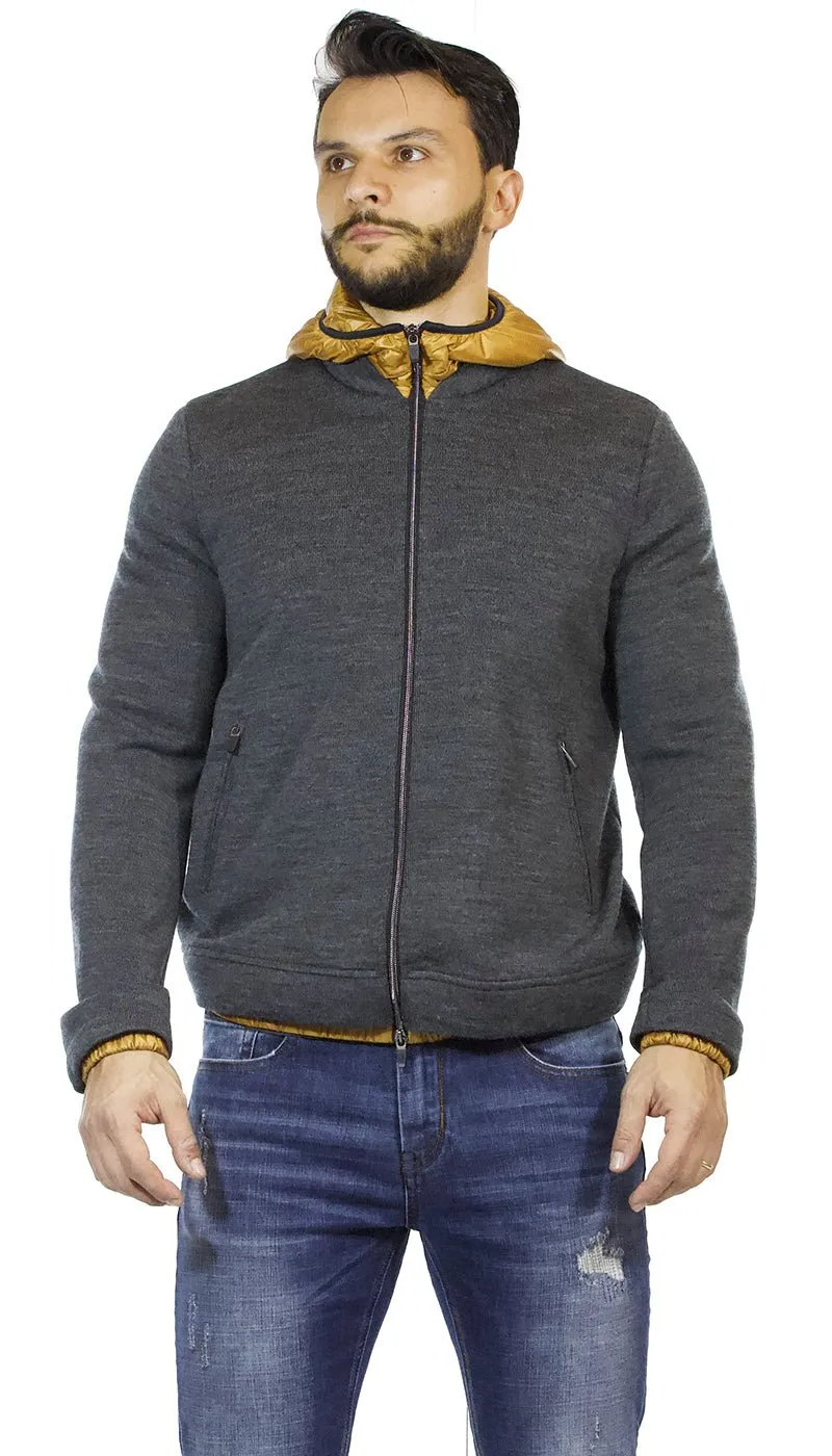 Seventy Maglia giacca uomo grigia in lana con zip e cappuccio in piuma marrone