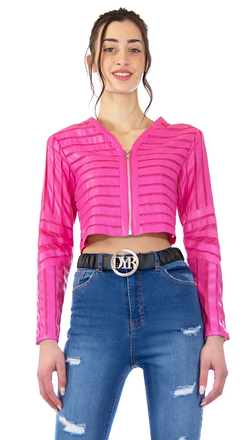 Silvian Heach Giacca corta fuxia in ecopelle e velo. PGP21180GB