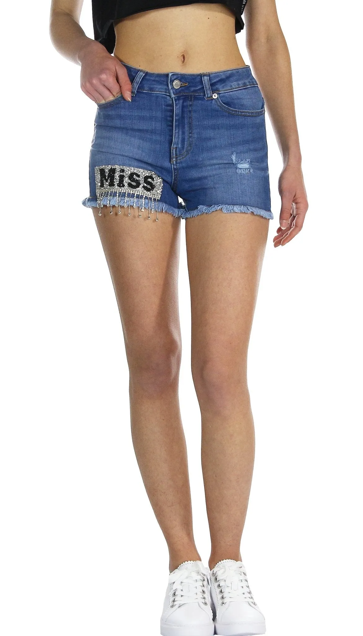 Silvian Heach Shorts in denim con strass.