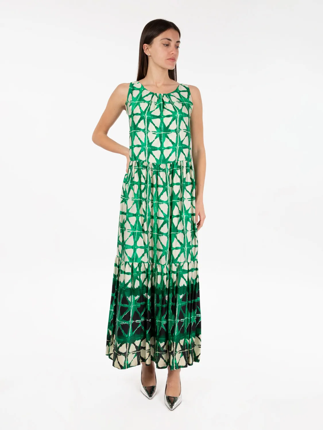 Abito a balze in fantasia verde