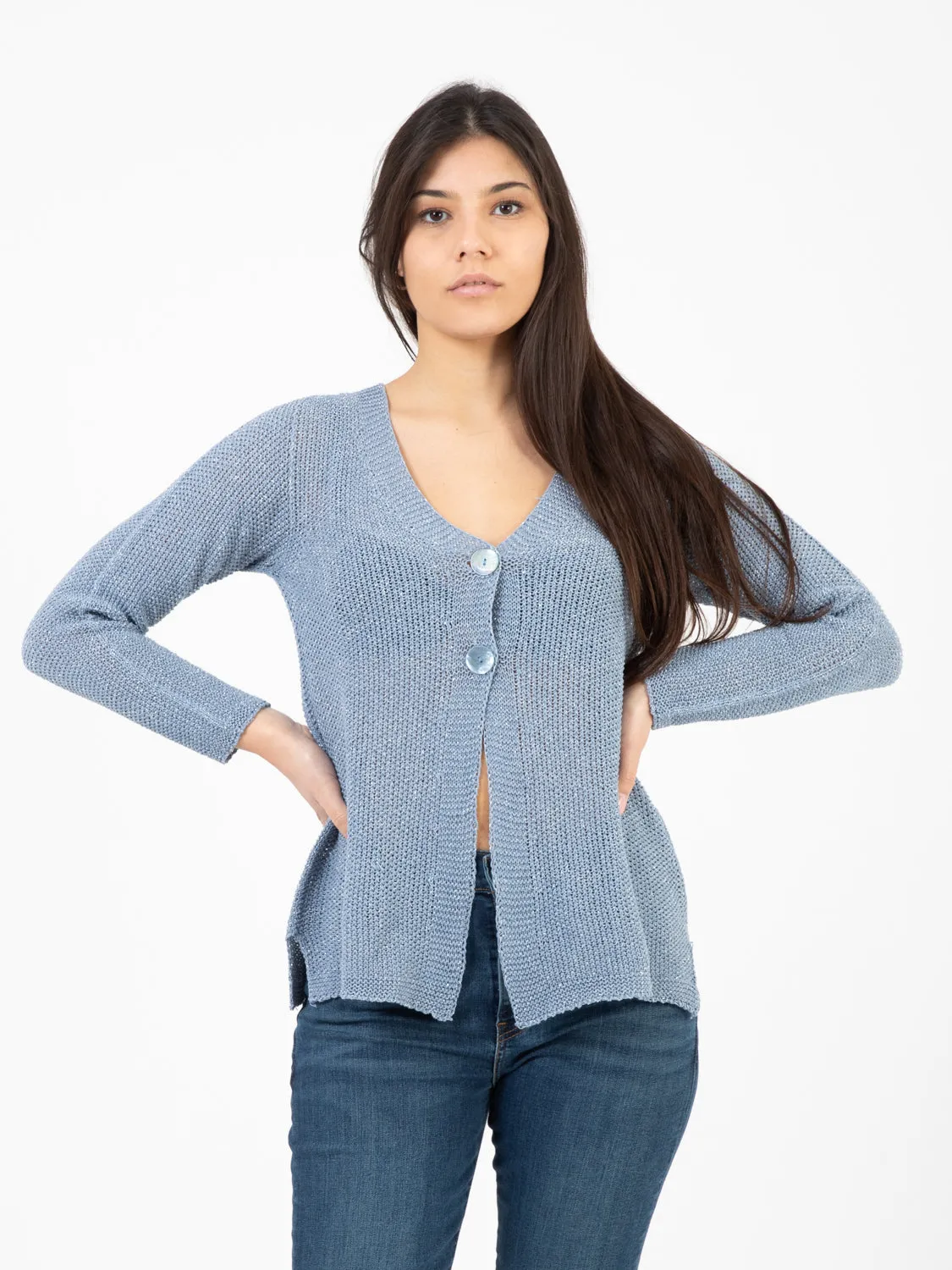 Cardigan a maniche lunghe in lurex azzurro