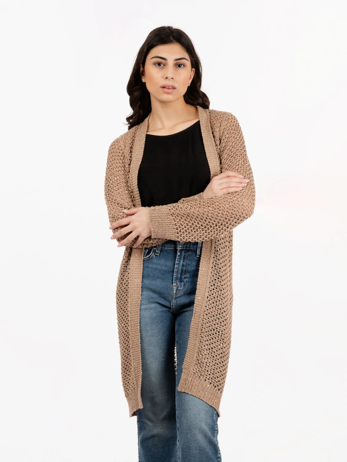 Cardigan lungo aperto beige
