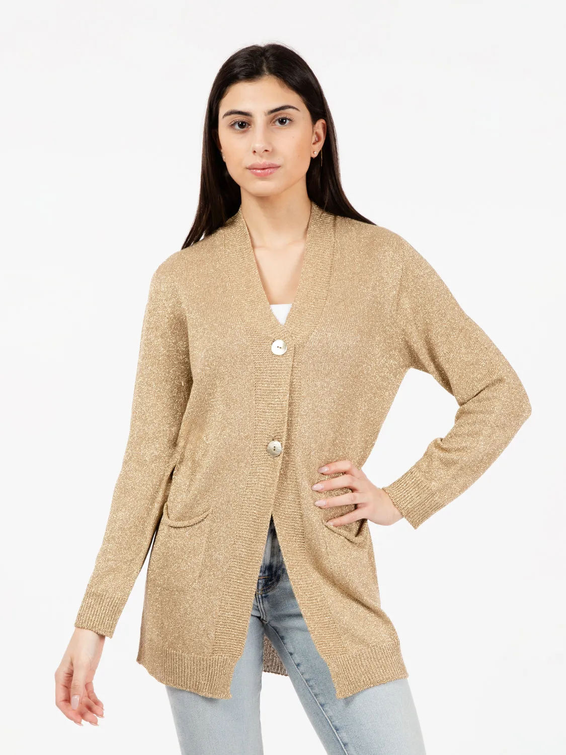 Cardigan lungo lurex oro