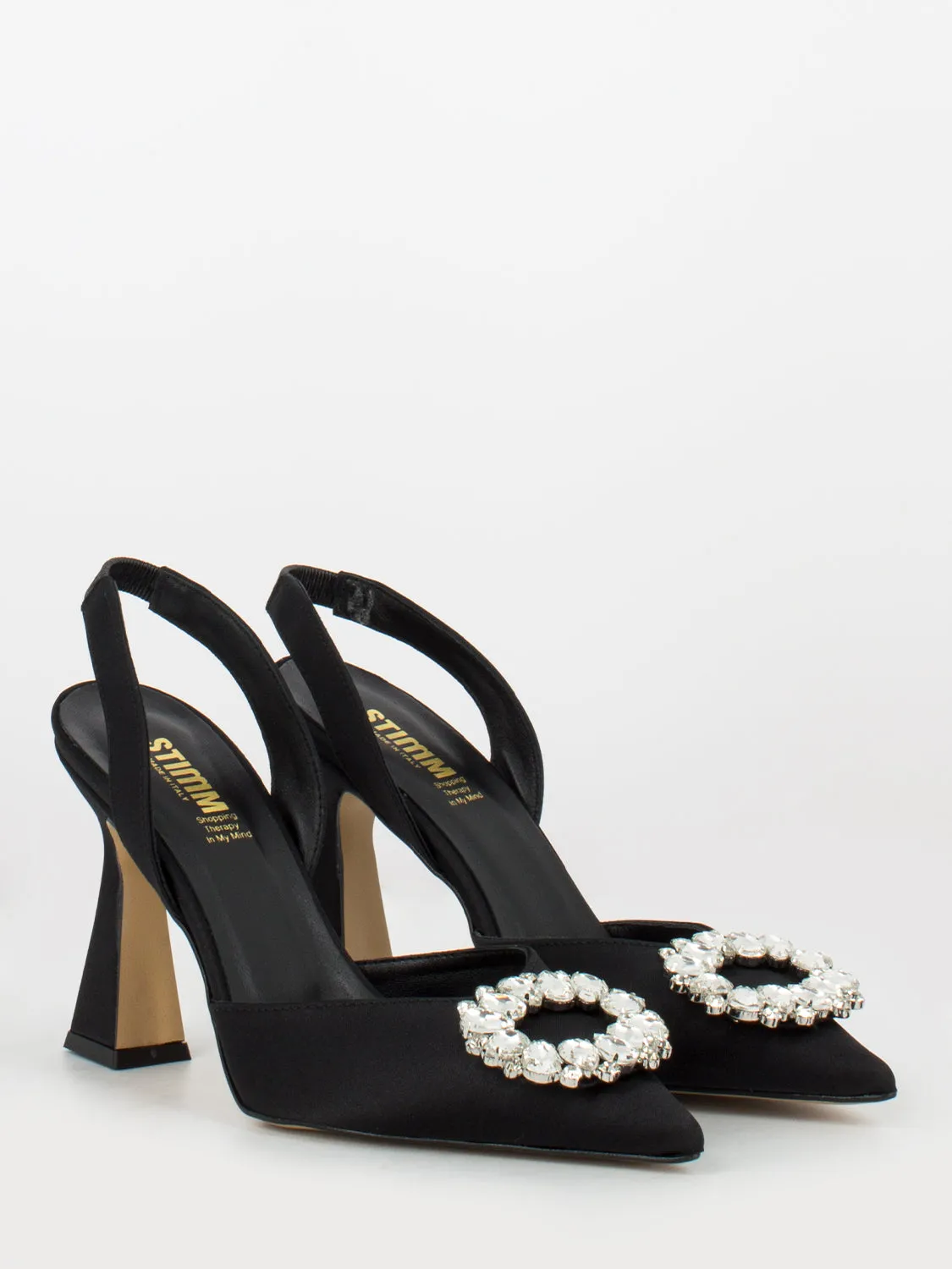 Chanel neri in raso con cinturino e maxi strass