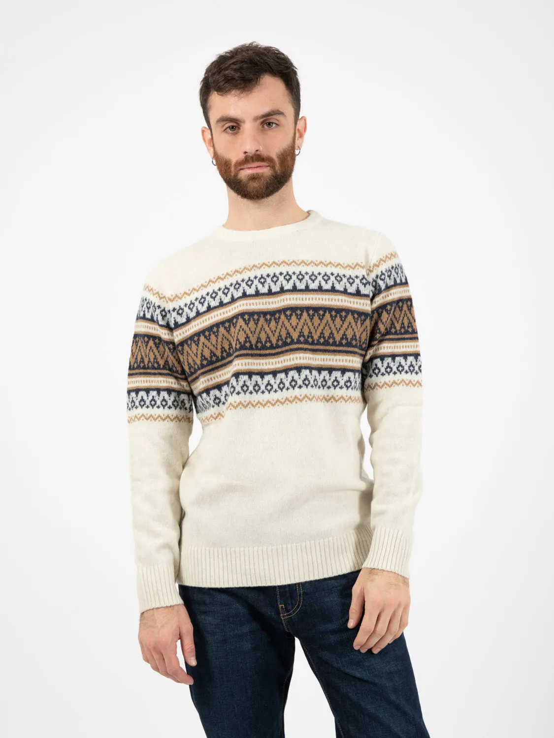 Maglione girocollo con motivo jacquard panna