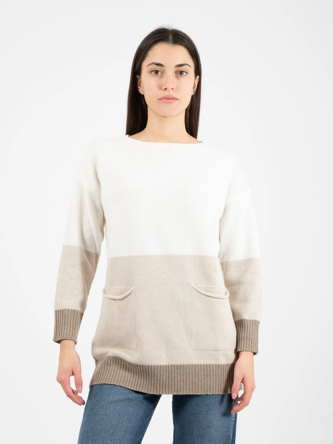 Maglione lungo bicolor panna / cammello