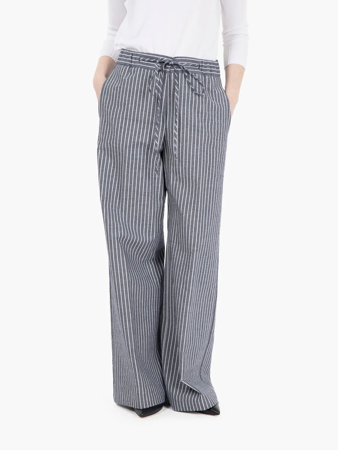 Pantalone palazzo con coulisse gessato blu