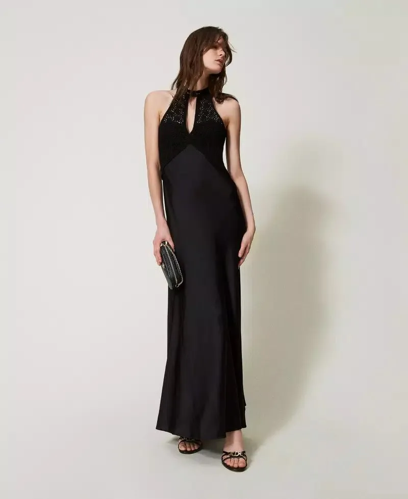 Twinset Abito lungo in raso con bustino crochet