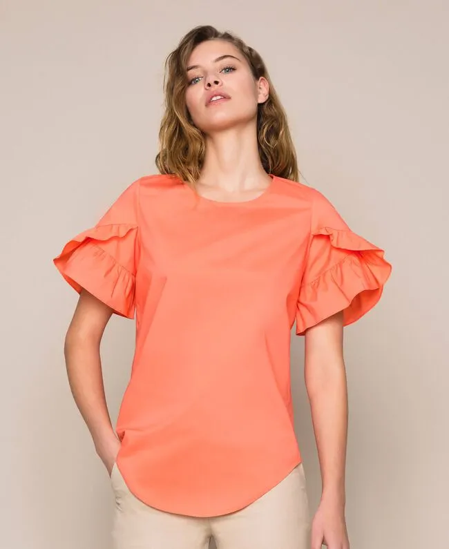 Twinset Blusa in cotone popeline con volant. 201TT2030