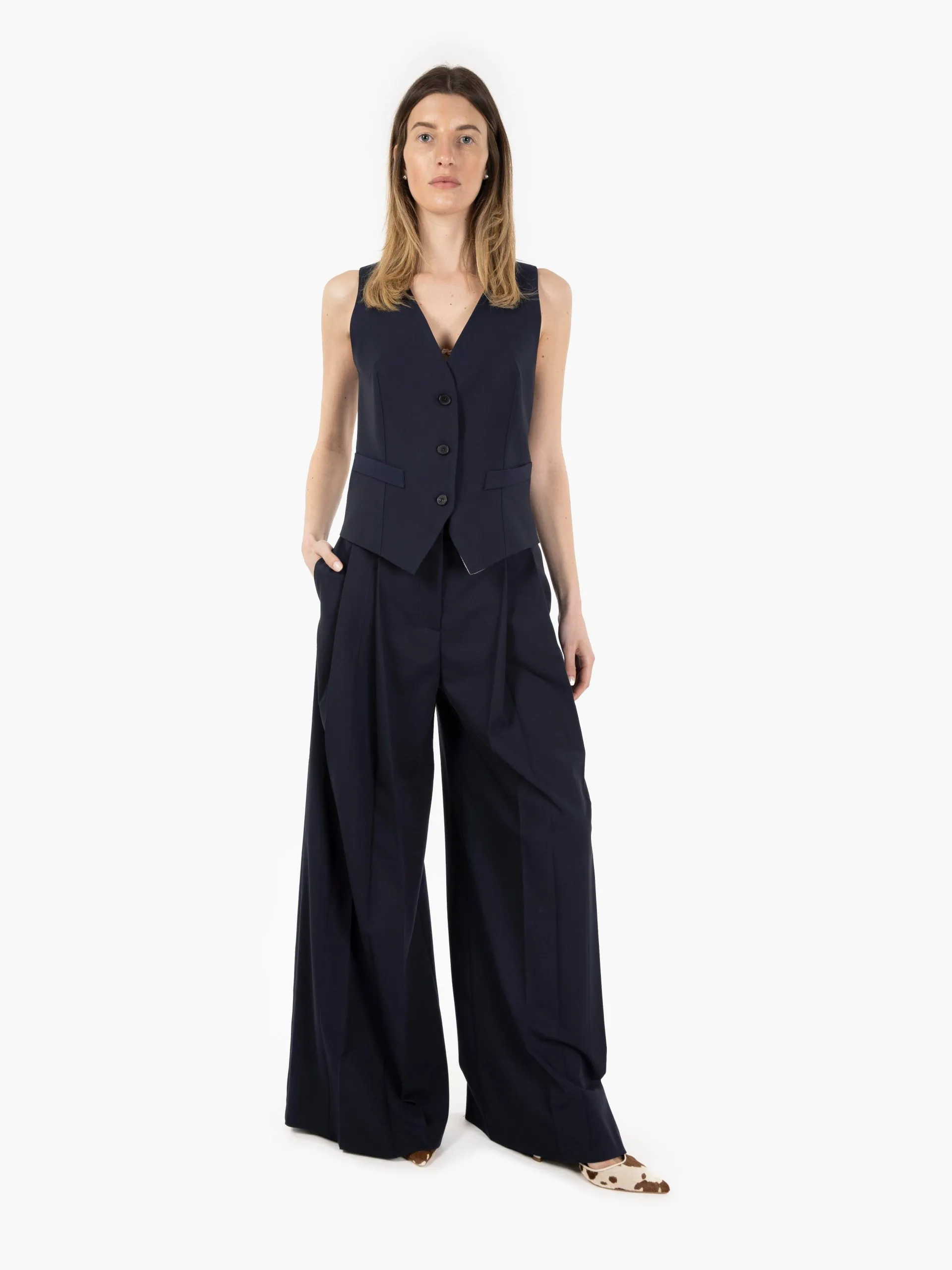 Pantalone palazzo con pinces blu