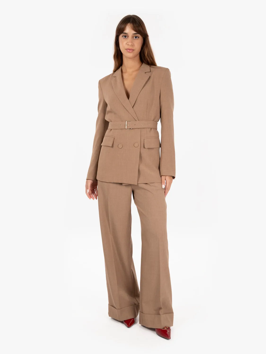 Pantaloni palazzo con risvolto beige